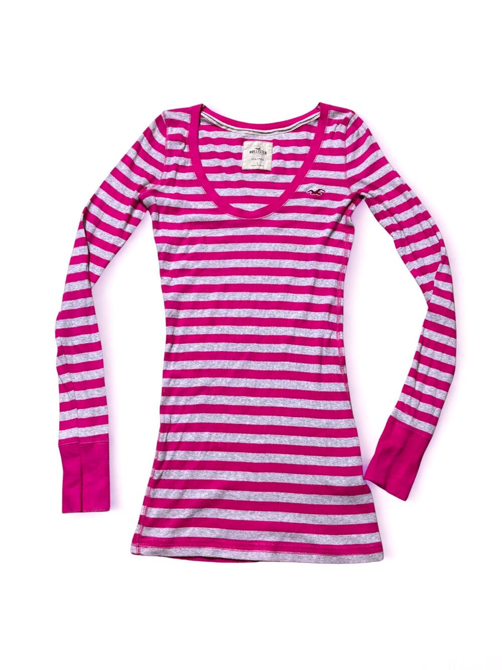 Vtg Y2K Hollister Pink Grey Ribbed Knit Long Sleeve Fitted Scoop Neck Top
